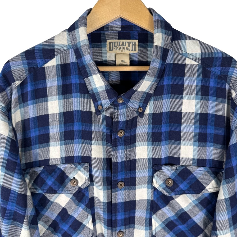 Duluth Trading Co Flannel Shirt Mens 3XL Blue White Plaid Long Sleeve